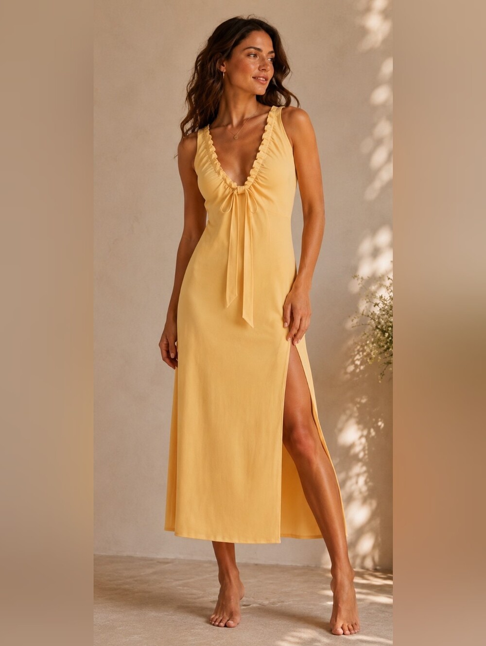 Abercrombie & Fitch Ruched Plunge Tie Front Midi Dress butter yellow neutral. SM